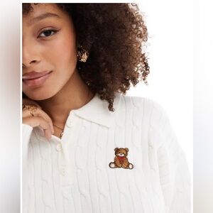 Bershka White Cable Knit Colar Sweater with Bear Patch Size Small Womens